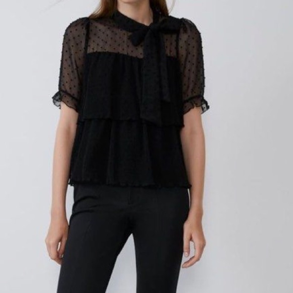 Zara Black Sheer Dot-Tier Tie-Neck Blouse - Picture 2 of 14
